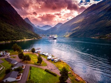 Geiranger fiyort, Norveç hava fotoğrafçılığı.