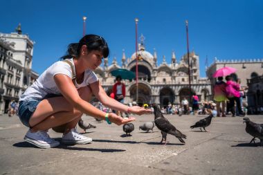 Kadın turist Meydanı - St. Marks Meydanı güvercin besleme -