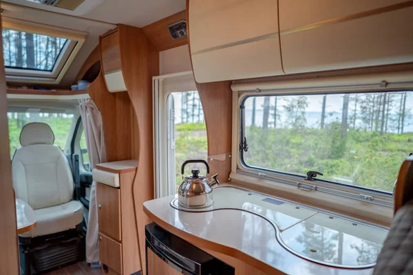 View from the window of the motorhome RV Caravan car travel Vaca — 스톡 사진