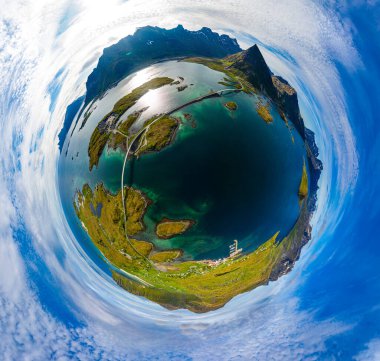 Mini planet Lofoten is an archipelago in the county of Nordland, Norway. Fredvang Bridges Panorama. clipart