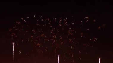 Gece gökyüzünde renkli havai fişekler patlıyor. Kutlamalar ve olaylar parlak renklerle.