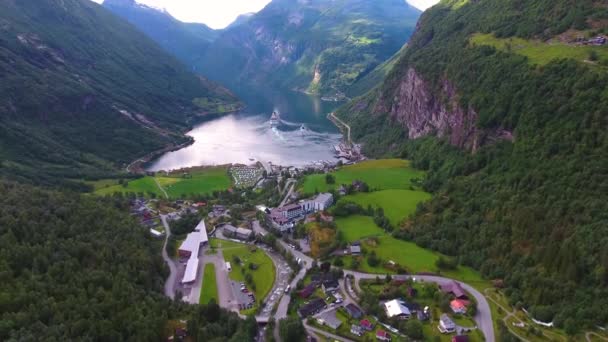 Geiranger fjord, Beautiful Nature Norway Aerial footage. It is a 15-kilometre (9.3 mi) long branch off of the Sunnylvsfjorden, which is a branch off of the Storfjorden (Great Fjord). — Stock Video