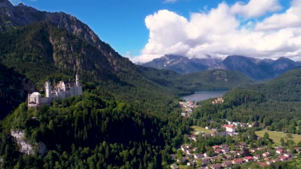 Neuschwanstein Castle Bavarian Alps Germany. Aerial FPV drone flights. — Stock Video