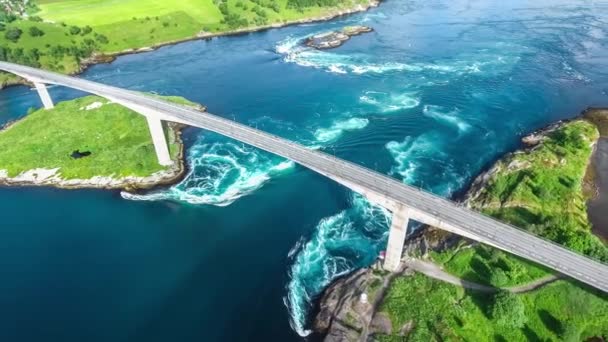 Whirlpools of the maelstrom of Saltstraumen, Nordland, Norway aerial view Beautiful Nature. Saltstraumen is a small strait with one of the strongest tidal currents in the world. — Stock Video