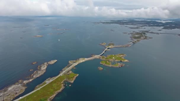 Atlantic Ocean Road or the Atlantic Road (Atlanterhavsveien) been awarded the title as (Norwegian Construction of the Century). The road classified as a National Tourist Route. — Stock Video