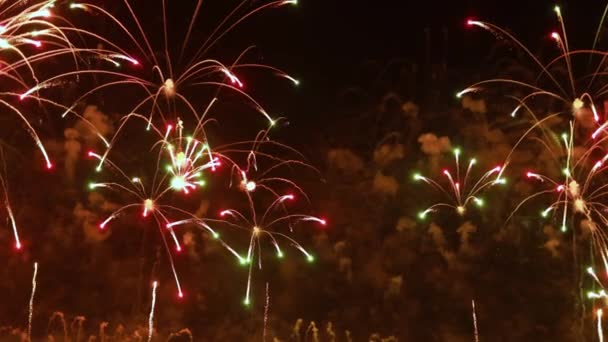 Fogos de artifício coloridos explodindo no céu noturno. Celebrações e eventos em cores brilhantes . — Vídeo de Stock