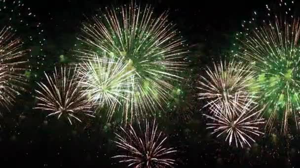 Buntes Feuerwerk explodiert am Nachthimmel. Feste und Veranstaltungen in leuchtenden Farben. — Stockvideo