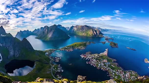 Lofoten Norveç 'in Nordland eyaletinde yer alan bir takımadadır. Dramatik dağlar ve tepeler, açık deniz ve korunaklı körfezler, plajlar ve el değmemiş topraklarla kendine özgü bir manzara. Fisheye merceği. — Stok video