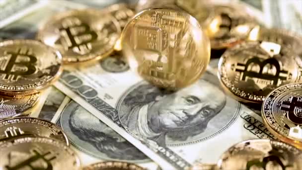 Moeda de Bit de ouro Moedas BTC e notas de dólar. Bitcoin é uma criptomoeda mundial e sistema de pagamento digital chamado a primeira moeda digital descentralizada . — Vídeo de Stock