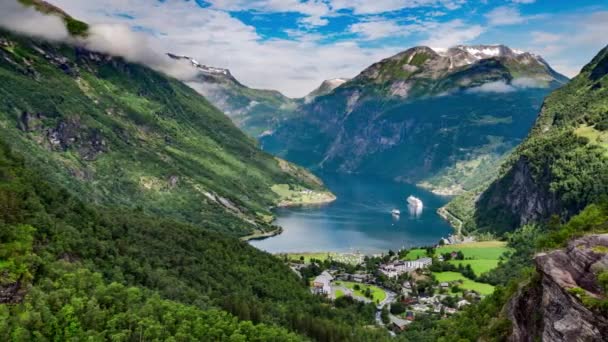Timelapse, Geiranger fjord, Norway - 4K ULTRA HD, 4096x2304. It is a 15-kilometre (9.3 mi) long branch off of the Sunnylvsfjorden, which is a branch off of the Storfjorden (Great Fjord). — Stock Video