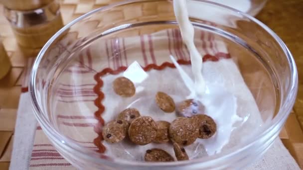 Ropogós csokipelyhek egy tálban egy reggeli finom reggelit tejjel. Lassú mozgás forgásnyomkövető lövéssel. — Stock videók