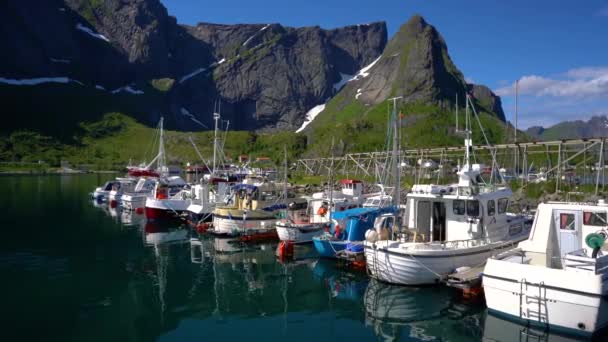 Nordland, Norveç 'teki Lofoten adalarında bir liman teknesi. Dramatik dağlar ve tepeler, açık deniz ve korunaklı körfezler, plajlar ve el değmemiş topraklarla kendine özgü bir manzarası var.. — Stok video