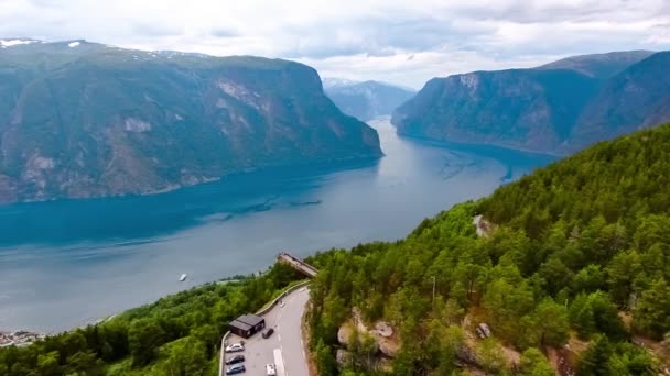 Stegastein Lookout Beautiful Nature Norway aerial view. Sognefjord or Sognefjorden, Norway Flam — Stock Video