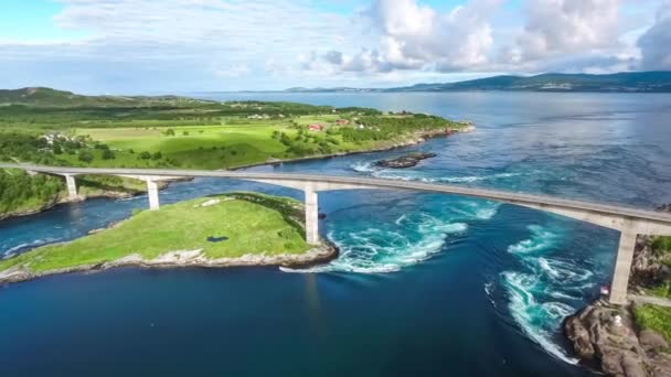 Whirlpools of the maelstrom of Saltstraumen, Nordland, Norway aerial view Beautiful Nature. Saltstraumen is a small strait with one of the strongest tidal currents in the world. — Stock Video