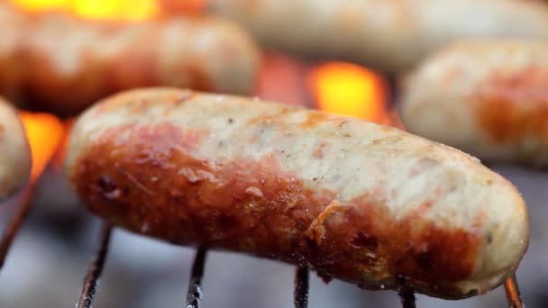 Heerlijke sappige worsten, gekookt op de grill met een vuur — Stockvideo
