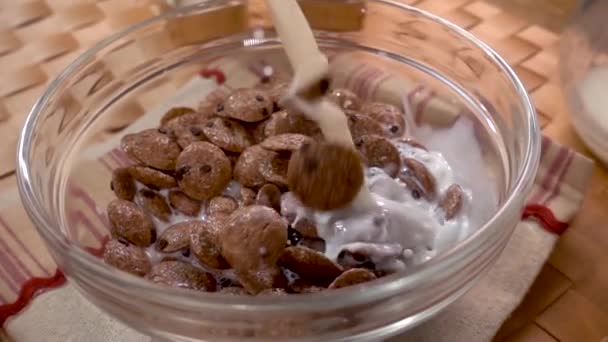 Flocons de chocolat croustillants dans un bol pour un délicieux petit déjeuner matinal avec du lait. Mouvement lent avec tir de suivi de rotation . — Video