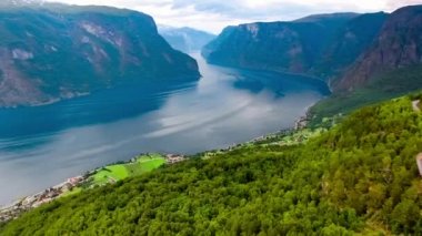 Stegastein Gözcü Güzel Doğa Norveç hava manzarası. Sognefjord veya Sognefjorden, Norveç Flam