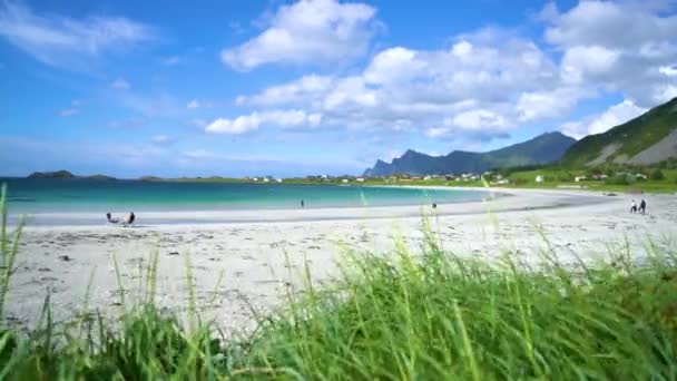 Beach Lofoten adaları Norveç 'in Nordland eyaletinde yer alan bir takımadalardır. Dramatik dağları, tepeleri, açık denizi, korunaklı koyları ve plajları olan kendine özgü bir manzarası var. — Stok video