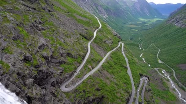 Trolls Path Trollstigen or Trollstigveien winding mountain road in Norway. — Stock video