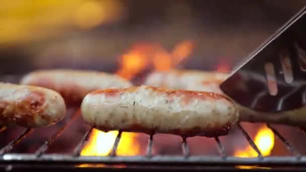 Nydelige, saftige pølser, kokt på grillen med ild – stockvideo