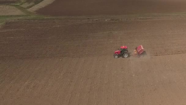 Luchtfoto van de trekker op het oogstveld — Stockvideo