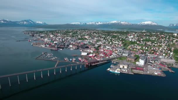 Aerial footage from Bridge of city Tromso, Norway aerial photography. Tromso is considered the northernmost city in the world with a population above 50,000. — Stock Footage Aerial footage from Bridge of city Tromso, Norway aerial photography. Tromso is considered the northernmost city in the world with a population above 50,000. Video Clip