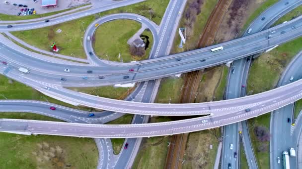 Aerial view of a freeway intersection. Shot in 4K (ultra-high definition (UHD)) — Stock Video