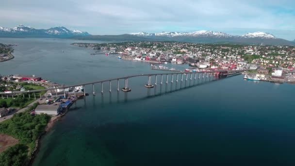 Aerial footage from Bridge of city Tromso, Norway aerial photography. Tromso is considered the northernmost city in the world with a population above 50,000. — Stock Footage Aerial footage from Bridge of city Tromso, Norway aerial photography. Tromso is considered the northernmost city in the world with a population above 50,000. Royalty Free Stock Video