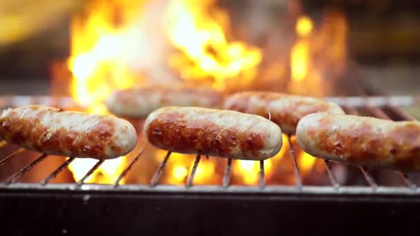 Heerlijke sappige worsten, gekookt op de grill met een vuur — Stockvideo