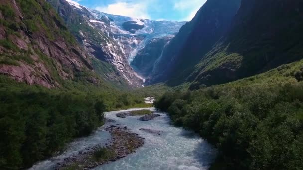 Beautiful Nature Norway natural landscape. Glacier Kjenndalsbreen aerial footage. — Stock Video
