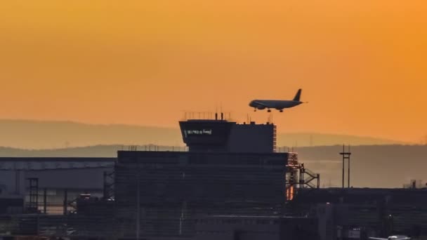 Napnyugtakor a repülőtéren leszálló utasszállító repülőgép — Stock videók