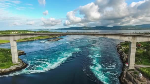 Whirlpools of the maelstrom of Saltstraumen, Nordland, Norway aerial view Beautiful Nature. Saltstraumen is a small strait with one of the strongest tidal currents in the world. — Stock Video