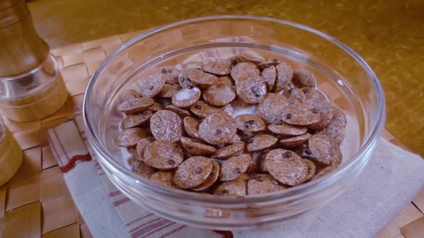 Knusprige Schokoladenflocken in einer Schüssel für ein köstliches Frühstück mit Milch am Morgen. Zeitlupe mit Drehverfolgungsschuss. — Stockvideo