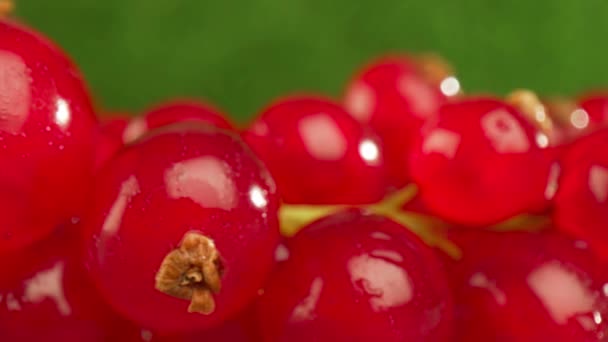 Supernahes Makro einer roten Johannisbeere auf einem Holztisch. — Stockvideo