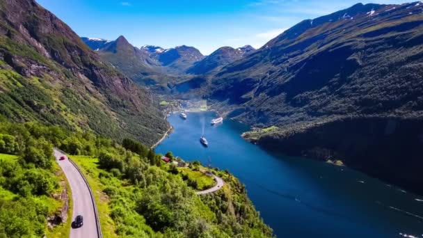 Geiranger fjord, Beautiful Nature Norway Aerial footage. It is a 15-kilometre (9.3 mi) long branch off of the Sunnylvsfjorden, which is a branch off of the Storfjorden (Great Fjord). — Stock Video