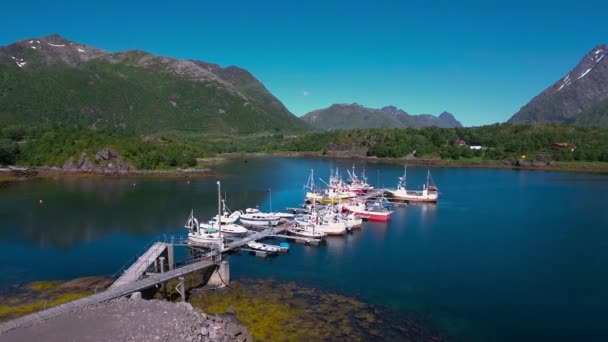 Luchtfoto 's Prachtige Natuur Noorwegen. Over de meren en fjorden vliegen.Uitzicht vanuit vogelperspectief. — Stockvideo