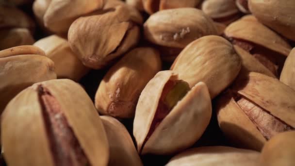 Close up of pistachios nut. The pistachio a member of the cashew family, is a small tree originating from Central Asia and the Middle East — Stock Video