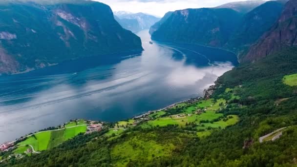 Stegastein Lookout beautiful Nature Norway aerial view.Sognefjord or Sognefjorden, Norway Flam — 图库视频影像