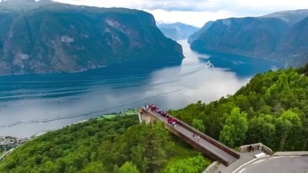 Stegastein Lookout Beautiful Nature Norway aerial view. Sognefjord or Sognefjorden, Norway Flam — Stock Video