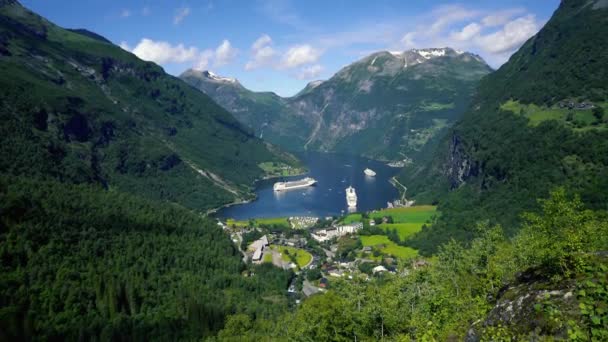 Geiranger fjord, Norway. It is a 15 kilometre (9.3 mi) long branch off of the Sunnylvsfjorden, which is a branch off of the Storfjorden (Great Fjord). Beautiful Nature Norway natural landscape. — Stock Video