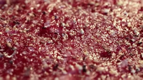 Pimienta mezclada y especias en el filete de carne cruda — Vídeos de Stock