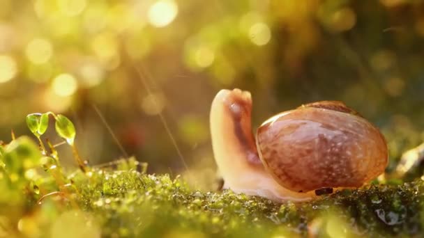 Vida selvagem de close-up de um caracol na chuva pesada na luz solar de pôr-do-sol. — Vídeo de Stock