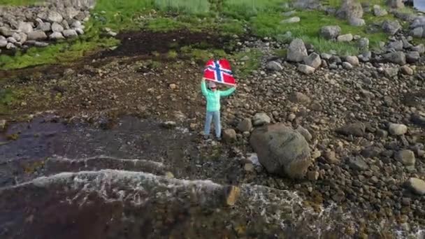 Frau mit schwenkender norwegischer Flagge auf dem Hintergrund des Mini-Planeten Natur — Stockvideo