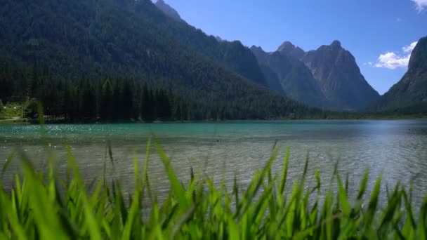 Lago Dobbiaco en los Dolomitas, Italia — Vídeos de Stock