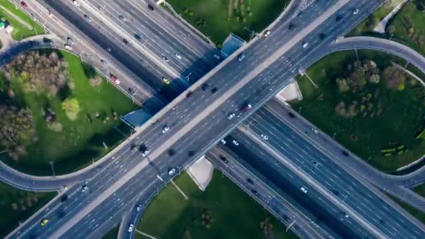 Timelapse Aerial view of a freeway intersection traffic trails in Moscow. — Stock Video