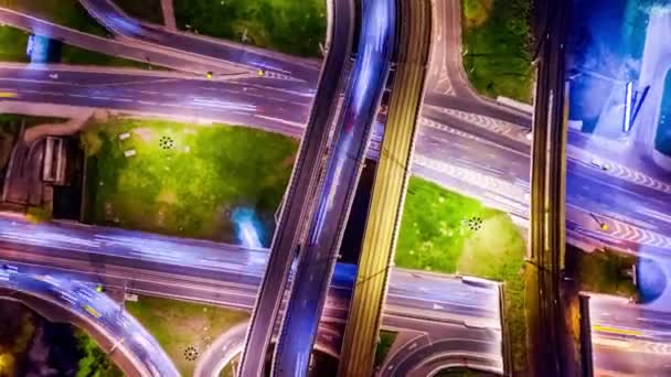 Night Timelapse Aerial view of a freeway intersection traffic trails in night Moscow — Stock Video