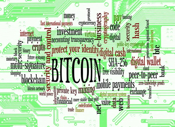 Bitcoin szó felhő — стокове фото