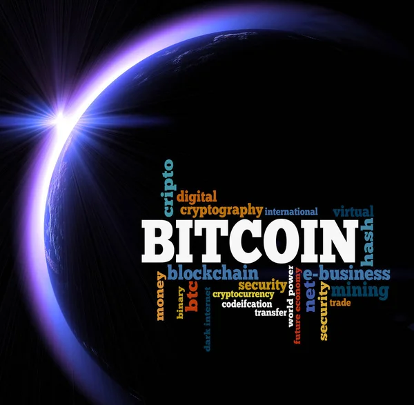 Bitcoin szó felhő — стокове фото