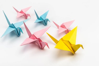 Origami kuşları sürü halinde ve sarı lider beyaz arka planda. Öncü
