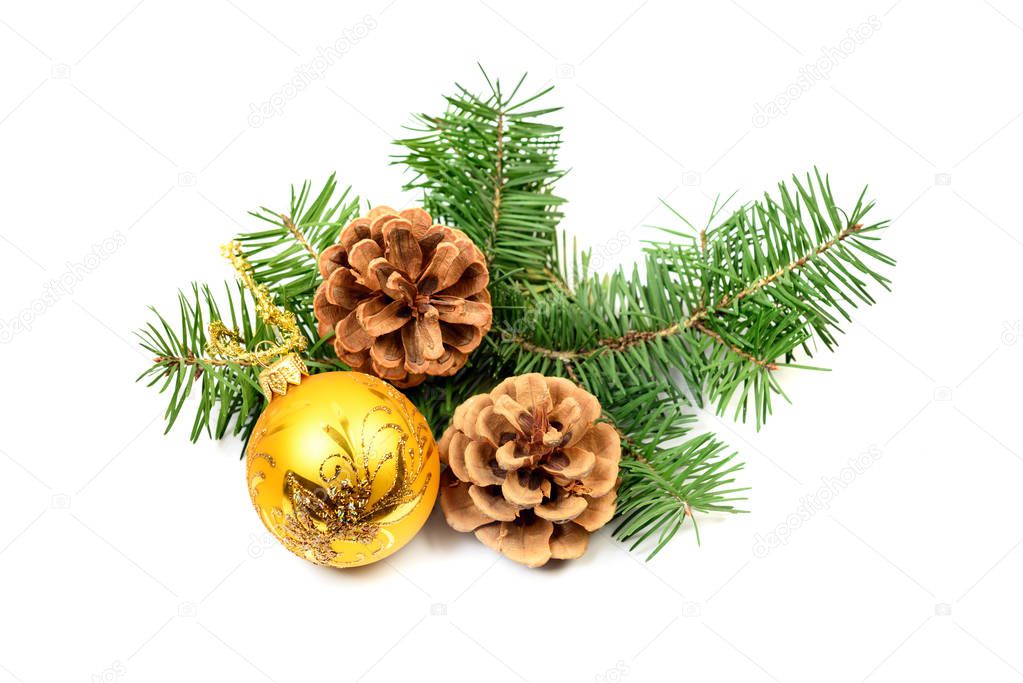 Pine cones with spruce tree branch and Christmas decoration 